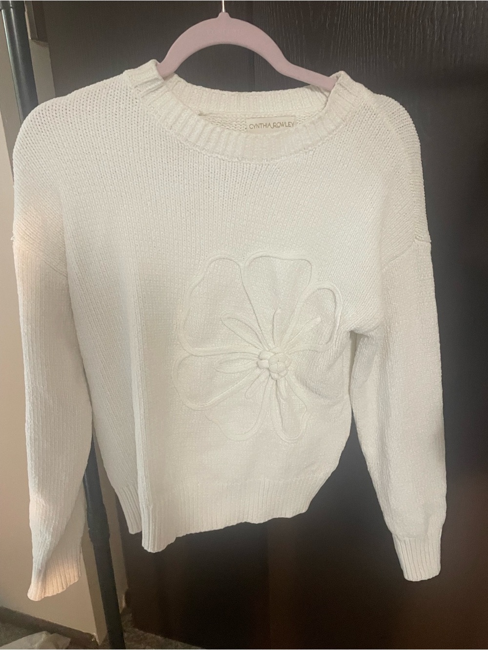 Cynthia Rowley Ivory Crewneck Sweater with Floral Appliqué xs or small